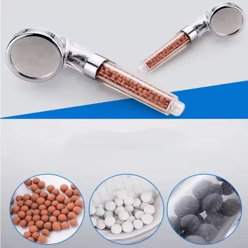 Capçal de dutxa AiguaPura Pro mostrant els 3 modes de raig: pluja, potent i massatge polsant