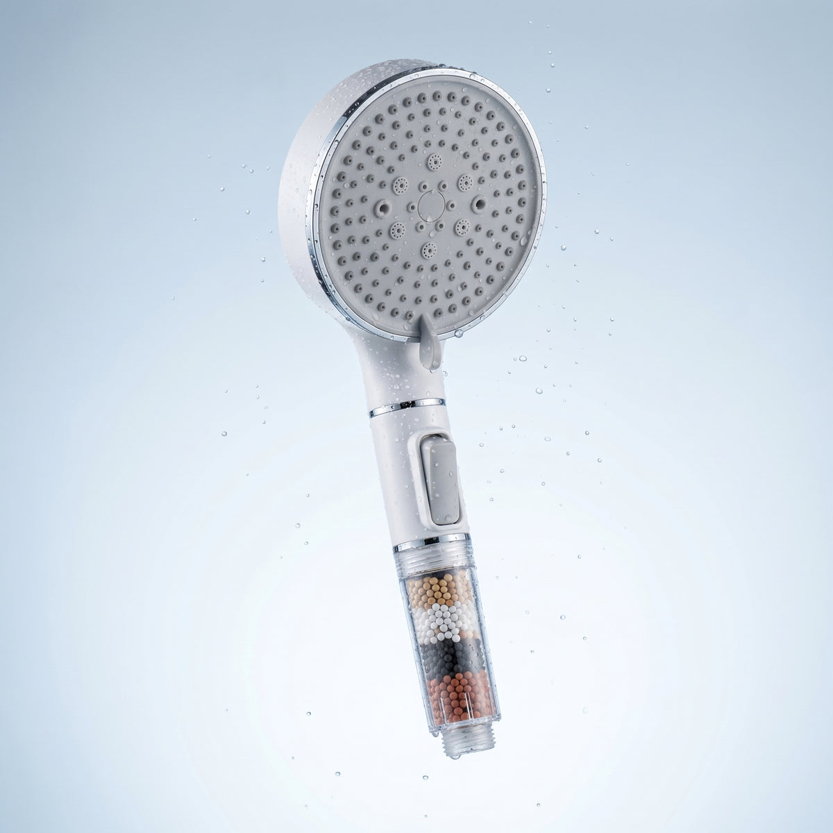 Capçal de dutxa filtrant AiguaPura amb gotes d'aigua